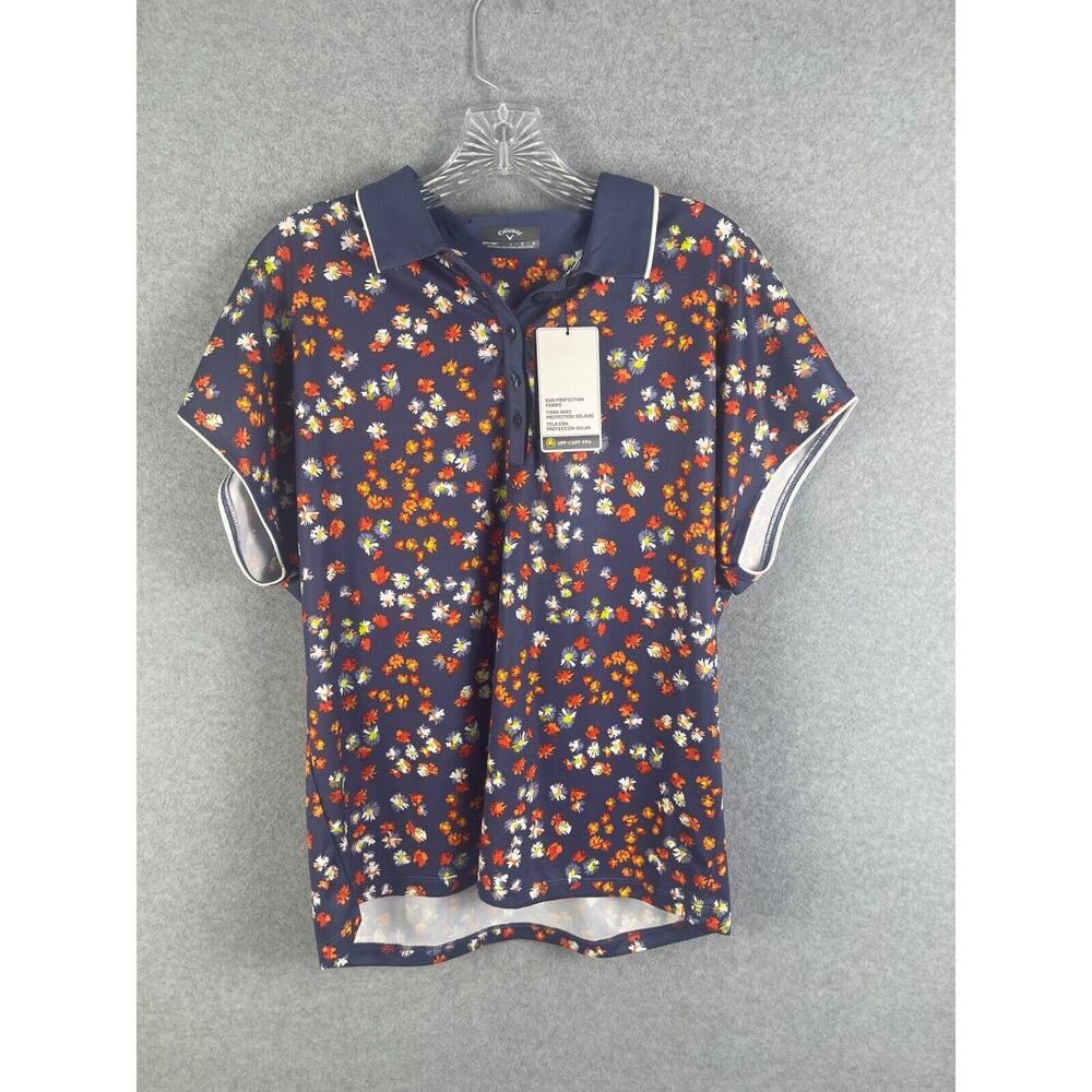 Callaway Opti Dri Polo Shirt Women's Size L Blue Floral Print Short Sleeve Golf